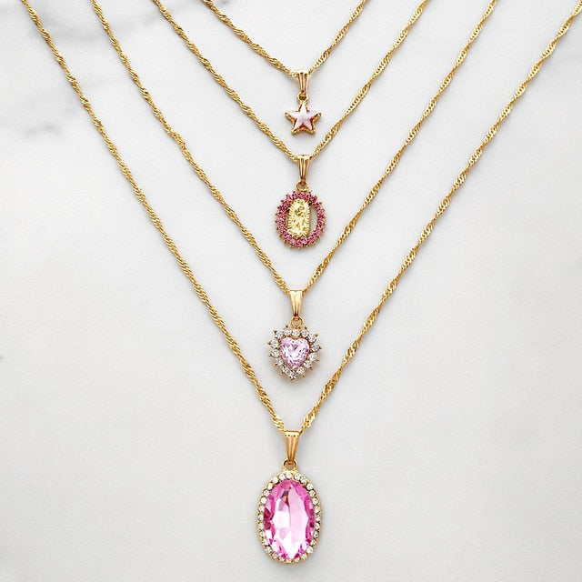 Multi-layer Pink Heart Crystal Necklaces