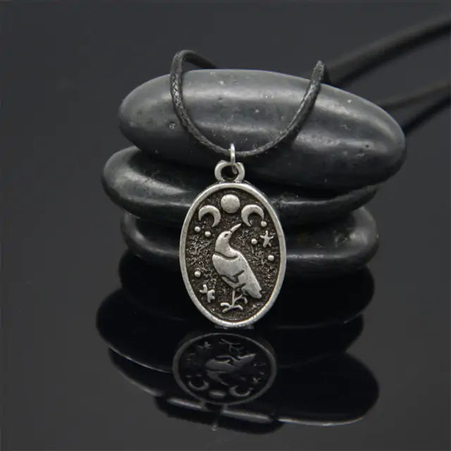 Handmade Black RAVEN In Moon pendant Raven and Triple Moon Vintage bird necklace
